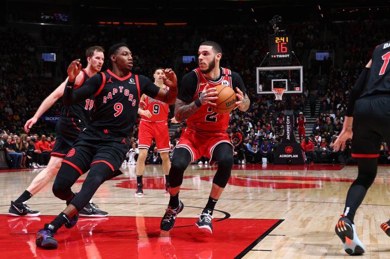 TORONTO, CANADA - JANUARY 31: Lonzo Ball #2 of the Chicago Bulls dribbles the ball during the game against the Toronto Raptors   on January 31, 2025 at the Scotiabank Arena in Toronto, Ontario, Canada.  NOTE TO USER: User expressly acknowledges and agrees that, by downloading and or using this Photograph, user is consenting to the terms and conditions of the Getty Images License Agreement.  Mandatory Copyright Notice: Copyright 2025 NBAE (Photo by Vaughn Ridley/NBAE via Getty Images)