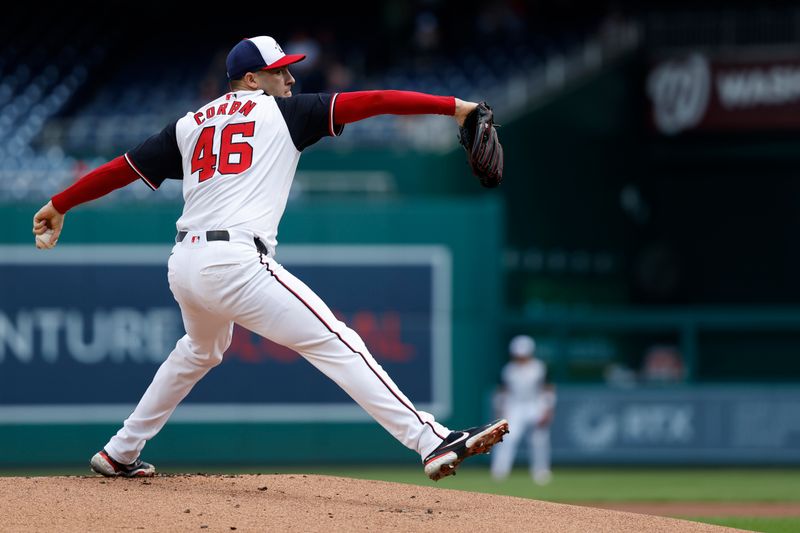 Aug 22, 2024; Washington, District of Columbia, USA; Washington Nationals starting pitcher Patrick Corbin (46) pitches against the Colorado Rockies during the first inning at Nationals Park. Mandatory Credit: Geoff Burke-USA TODAY Sports