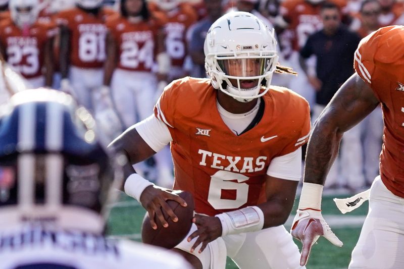 Oct 28, 2023; Austin, Texas, USA; Texas Longhorns quarterback Maalik Murphy (6) looks to pass during the second half against the Brigham Young Cougars at Darrell K Royal-Texas Memorial Stadium. Mandatory Credit: Scott Wachter-USA TODAY Sports