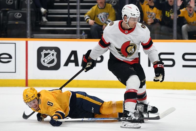 Feb 27, 2024; Nashville, Tennessee, USA; Nashville Predators center Cody Glass (8) draws a tripping penalty on Ottawa Senators defenseman Jakob Chychrun (6) during the first period at Bridgestone Arena. Mandatory Credit: Christopher Hanewinckel-USA TODAY Sports