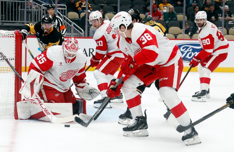 Oct 1, 2024; Pittsburgh, Pennsylvania, USA;  Detroit Red Wings goaltender Ville Husso (35) makes a save against the Pittsburgh Penguins during the first period at PPG Paints Arena. Mandatory Credit: Charles LeClaire-Imagn Images