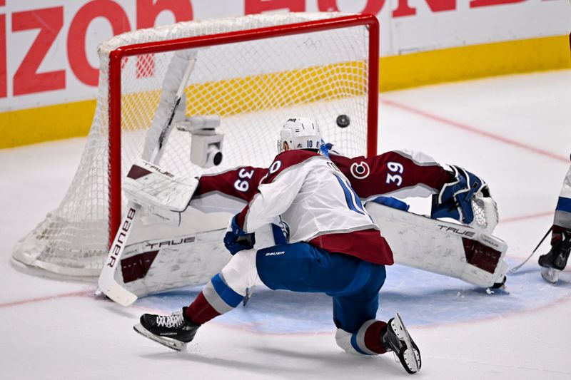 May 3, 2025; Dallas, Texas, USA; Colorado Avalanche goaltender Mackenzie Blackwood (39) allows the game winning goal to Dallas Stars center Wyatt Johnston (not pictured) during the third period in game seven of the first round of the 2025 Stanley Cup Playoffs at American Airlines Center. Mandatory Credit: Jerome Miron-Imagn Images