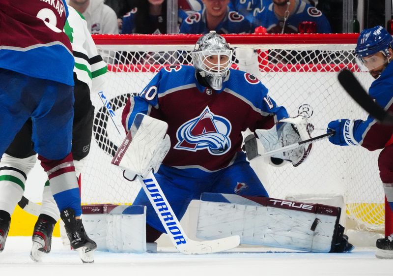 May 17, 2024; Denver, Colorado, USA; Colorado Avalanche goaltender Alexandar Georgiev (40) makes a pad save in the second period against the Dallas Stars in game six of the second round of the 2024 Stanley Cup Playoffs at Ball Arena. Mandatory Credit: Ron Chenoy-USA TODAY Sports