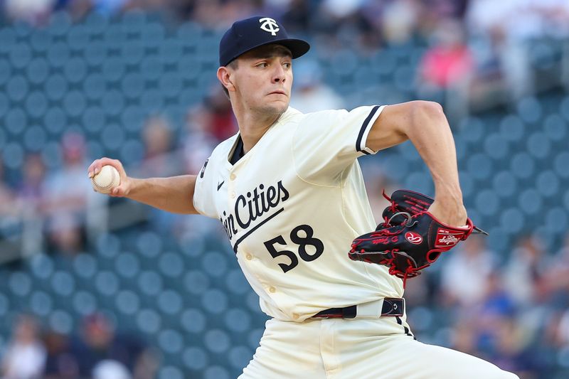 Aug 28, 2024; Minneapolis, Minnesota, USA; Minnesota Twins starting pitcher David Festa (58) delivers a pitch against the Atlanta Braves during the first inning at Target Field. Mandatory Credit: Matt Krohn-USA TODAY Sports