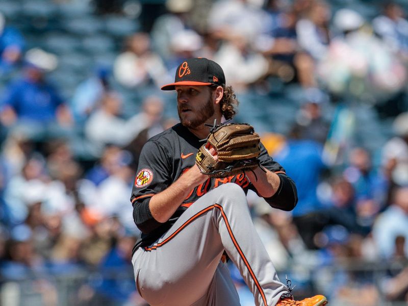 Apr 21, 2024; Kansas City, Missouri, USA; Baltimore Orioles pitcher Cole Irvin (19) pitching during the first inning against the Kansas City Royals at Kauffman Stadium. Mandatory Credit: William Purnell-USA TODAY Sports