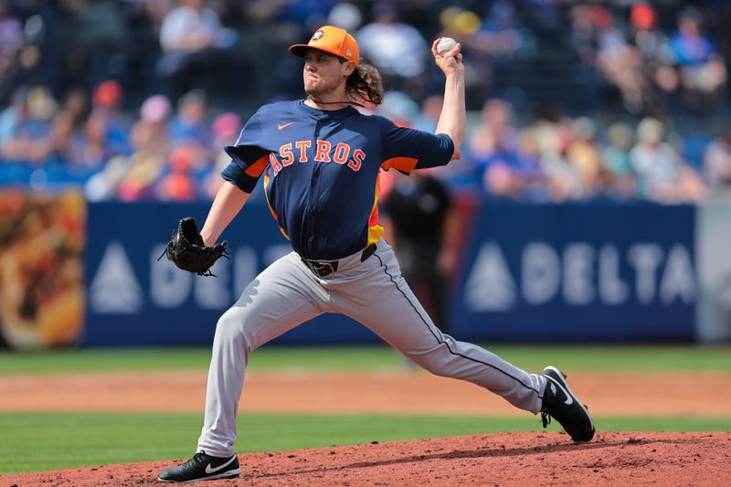 Feb 27, 2025; Port St. Lucie, Florida, USA; Houston Astros relief pitcher Steven Okert (48) delivers a pitch against the New York Mets during the third inning at Clover Park. Mandatory Credit: Sam Navarro-Imagn Images