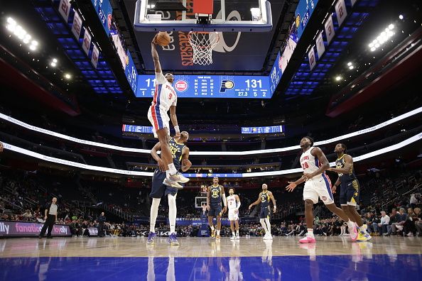 DETROIT, MI - DECEMBER 11: Ausar Thompson #9 of the Detroit Pistons dunks the ball during the game against the Indiana Pacers on December 11, 2023 at Little Caesars Arena in Detroit, Michigan. NOTE TO USER: User expressly acknowledges and agrees that, by downloading and/or using this photograph, User is consenting to the terms and conditions of the Getty Images License Agreement. Mandatory Copyright Notice: Copyright 2023 NBAE (Photo by Brian Sevald/NBAE via Getty Images)