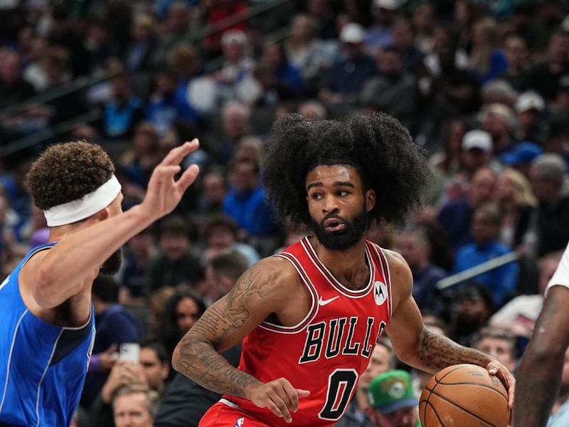 DALLAS, TX - NOVEMBER 6: Coby White #0 of the Chicago Bulls handles the ball during the game against the Dallas Mavericks on November 6, 2024 at American Airlines Center in Dallas, Texas. NOTE TO USER: User expressly acknowledges and agrees that, by downloading and or using this photograph, User is consenting to the terms and conditions of the Getty Images License Agreement. Mandatory Copyright Notice: Copyright 2024 NBAE (Photo by Glenn James/NBAE via Getty Images)