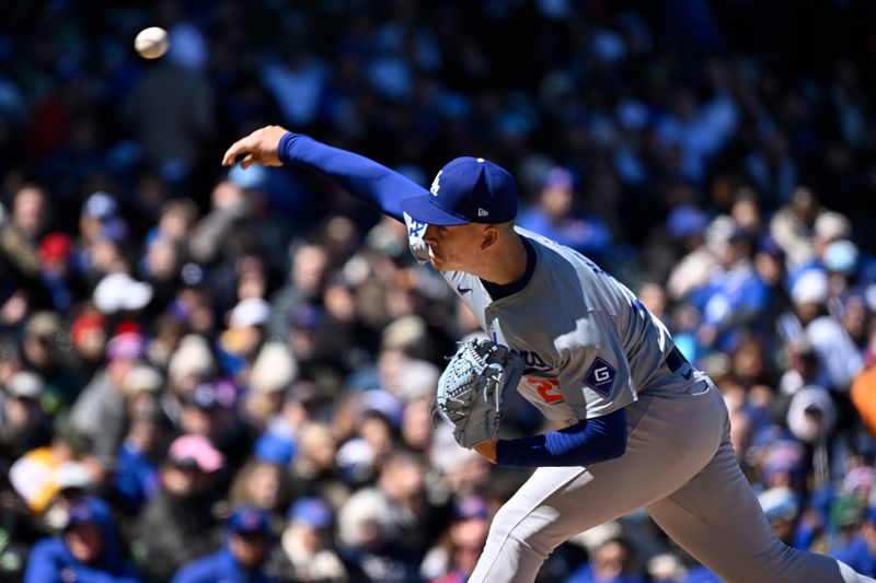 Apr 5, 2024; Chicago, Illinois, USA;  Los Angeles Dodgers starting pitcher Bobby Miller (28) delivers against the Chicago Cubs during the first inning at Wrigley Field. Mandatory Credit: Matt Marton-USA TODAY Sports