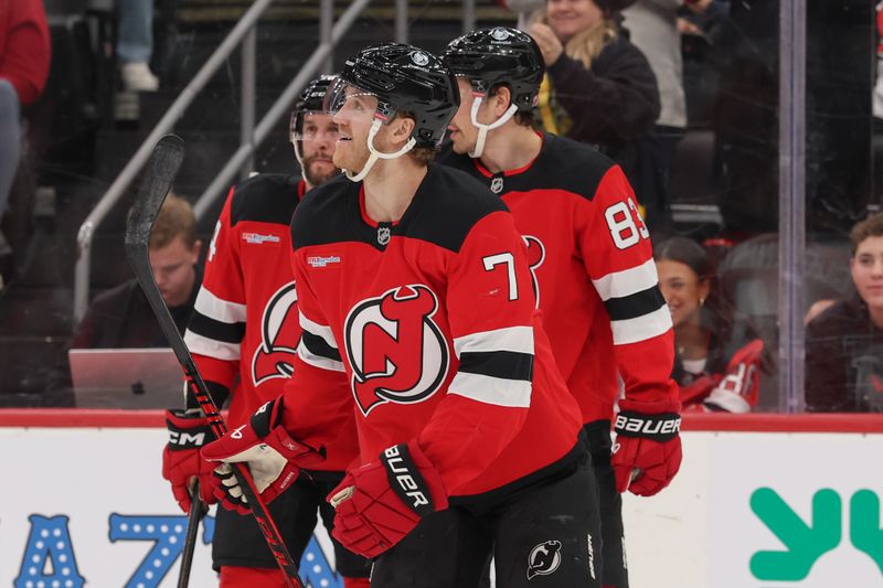 Jan 3, 2026; Newark, New Jersey, USA; New Jersey Devils defenseman Dougie Hamilton (7) celebrates his goal against the Utah Mammoth during the second period at Prudential Center. Mandatory Credit: Ed Mulholland-Imagn Images