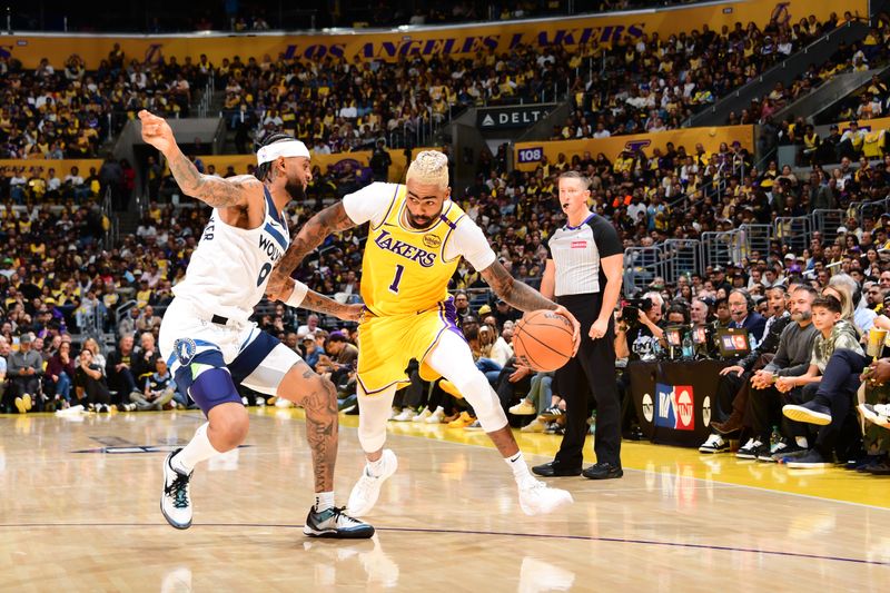 LOS ANGELES, CA - OCTOBER 22: D'Angelo Russell #1 of the Los Angeles Lakers dribbles the ball during the game against the Minnesota Timberwolves on October 22, 2024 at Crypto.Com Arena in Los Angeles, California. NOTE TO USER: User expressly acknowledges and agrees that, by downloading and/or using this Photograph, user is consenting to the terms and conditions of the Getty Images License Agreement. Mandatory Copyright Notice: Copyright 2024 NBAE (Photo by Adam Pantozzi/NBAE via Getty Images)