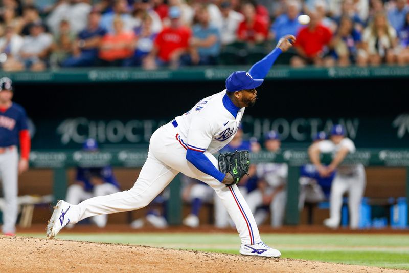 Sep 19, 2023; Arlington, Texas, USA; Texas Rangers relief pitcher Aroldis Chapman (45) comes on to pitch during the seventh inning against the Boston Red Sox at Globe Life Field. Mandatory Credit: Andrew Dieb-USA TODAY Sports