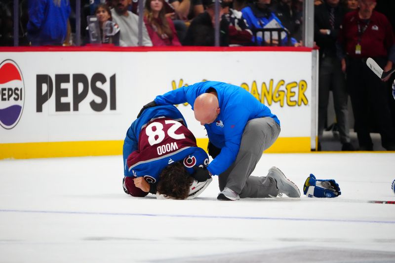 Oct 16, 2024; Denver, Colorado, USA; Colorado Avalanche left wing Miles Wood (28) lays on the ice following an injury during the third period against the Boston Bruins at Ball Arena. Mandatory Credit: Ron Chenoy-Imagn Images