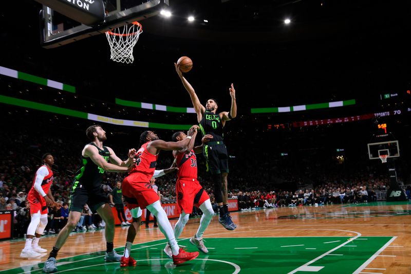 BOSTON, MA - NOVEMBER 16: Jayson Tatum #0 of the Boston Celtics shoots the ball during the game against the Toronto Raptors on November 16, 2024 at TD Garden in Boston, Massachusetts. NOTE TO USER: User expressly acknowledges and agrees that, by downloading and/or using this Photograph, user is consenting to the terms and conditions of the Getty Images License Agreement. Mandatory Copyright Notice: Copyright 2024 NBAE (Photo by Brian Babineau/NBAE via Getty Images)
