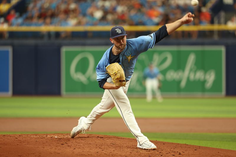 Aug 11, 2024; St. Petersburg, Florida, USA;  Tampa Bay Rays starting pitcher Jeffrey Springs (59) throws a pitch against the Baltimore Orioles during the second inning at Tropicana Field. Mandatory Credit: Kim Klement Neitzel-USA TODAY Sports