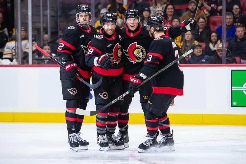 Jan 18, 2025; Ottawa, Ontario, CAN; Ottawa Senators right wing Adam Gaudette (81) celebrates with defenseman Thomas Chabot (72) and right wing Claude Giroux (28) and defenseman Nick Jensen (3) his goal scored in the first period against the Boston Bruins at the Canadian Tire Centre. Mandatory Credit: Marc DesRosiers-Imagn Images