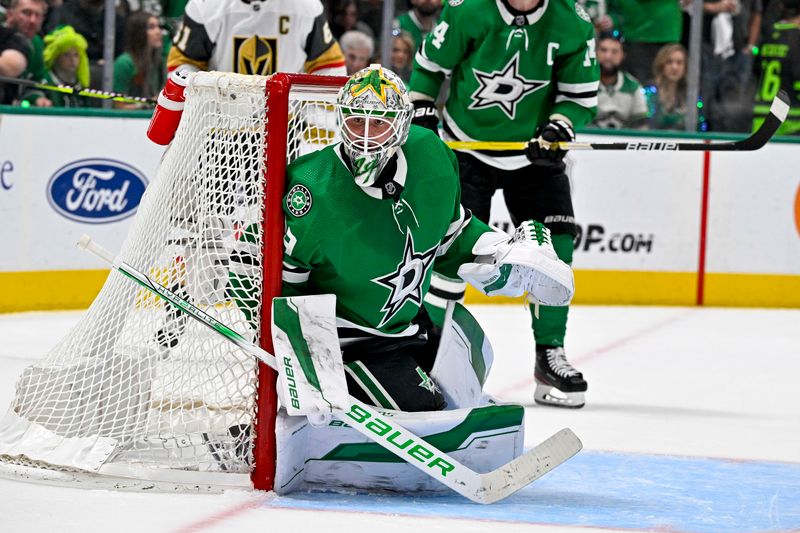 May 5, 2024; Dallas, Texas, USA; Dallas Stars goaltender Jake Oettinger (29) faces the Vegas Golden Knights attack during the third period in game seven of the first round of the 2024 Stanley Cup Playoffs at American Airlines Center. Mandatory Credit: Jerome Miron-USA TODAY Sports