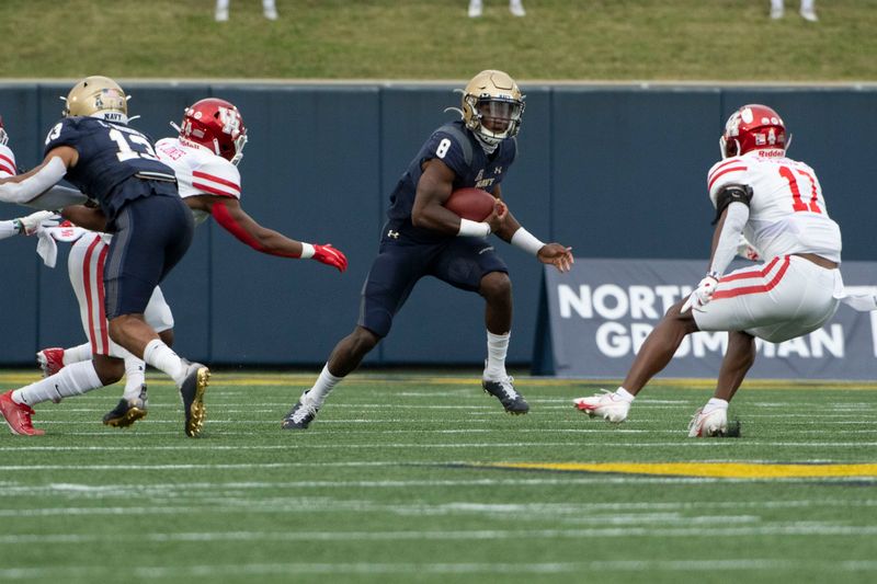 Oct 24, 2020; Annapolis, Maryland, USA;  Navy Midshipmen quarterback Dalen Morris (8) rushes as Houston Cougars safety Hasaan Hypolite (17) defends during the first half at Navy-Marine Corps Memorial Stadium. Mandatory Credit: Tommy Gilligan-USA TODAY Sports