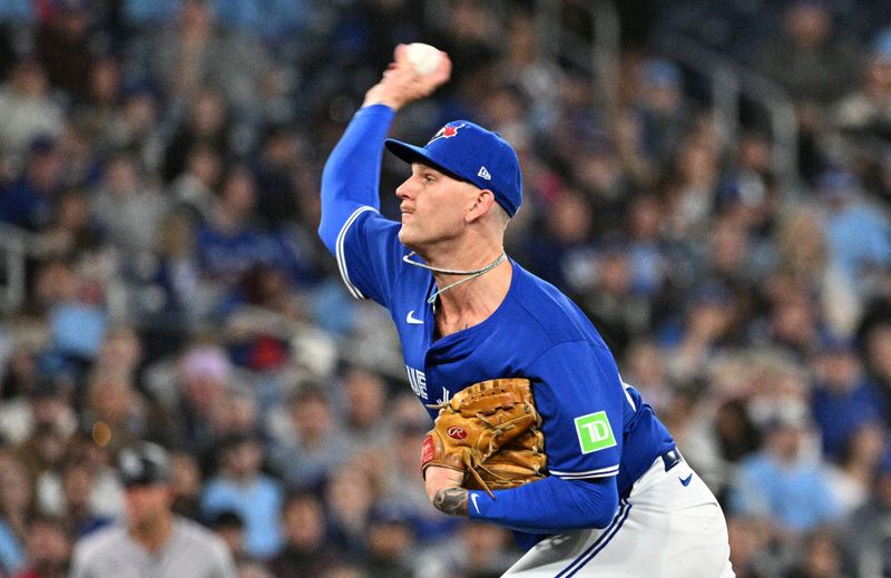 Apr 13, 2024; Toronto, Ontario, CAN;  Toronto Blue Jays relief pitcher Bowden Francis (44) delivers a pitch against the Colorado Rockies in the fifth inning at Rogers Centre. Mandatory Credit: Dan Hamilton-USA TODAY Sports