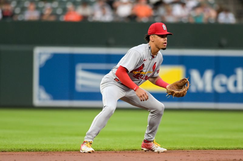 Sep 13, 2023; Baltimore, Maryland, USA;  St. Louis Cardinals shortstop Masyn Winn (0) look s towards home plate during the first inning against the Baltimore Orioles at Oriole Park at Camden Yards. Mandatory Credit: Tommy Gilligan-USA TODAY Sports