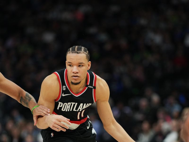 MINNEAPOLIS, MN -  APRIL 2:  Kevin Knox II #11 of the Portland Trail Blazers dribbles the ball during the game against the Minnesota Timberwolves on April 2, 2023 at Target Center in Minneapolis, Minnesota. NOTE TO USER: User expressly acknowledges and agrees that, by downloading and or using this Photograph, user is consenting to the terms and conditions of the Getty Images License Agreement. Mandatory Copyright Notice: Copyright 2023 NBAE (Photo by Jordan Johnson/NBAE via Getty Images)