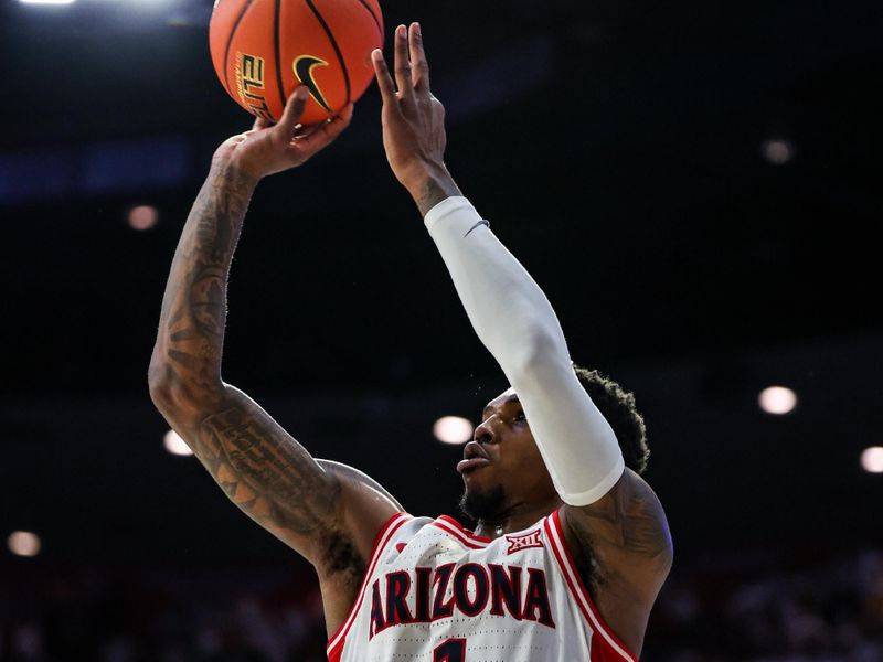 Jan 27, 2025; Tucson, Arizona, USA; Arizona Wildcats guard Caleb Love (1) shoots a three point basket during overtime against the Iowa States Cyclones at McKale Center. Mandatory Credit: Aryanna Frank-Imagn Images