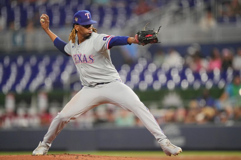 May 31, 2024; Miami, Florida, USA;  Texas Rangers starting pitcher José Ureña (54) pitches against the Miami Marlins in the first inning at loanDepot Park. Mandatory Credit: Jim Rassol-USA TODAY Sports