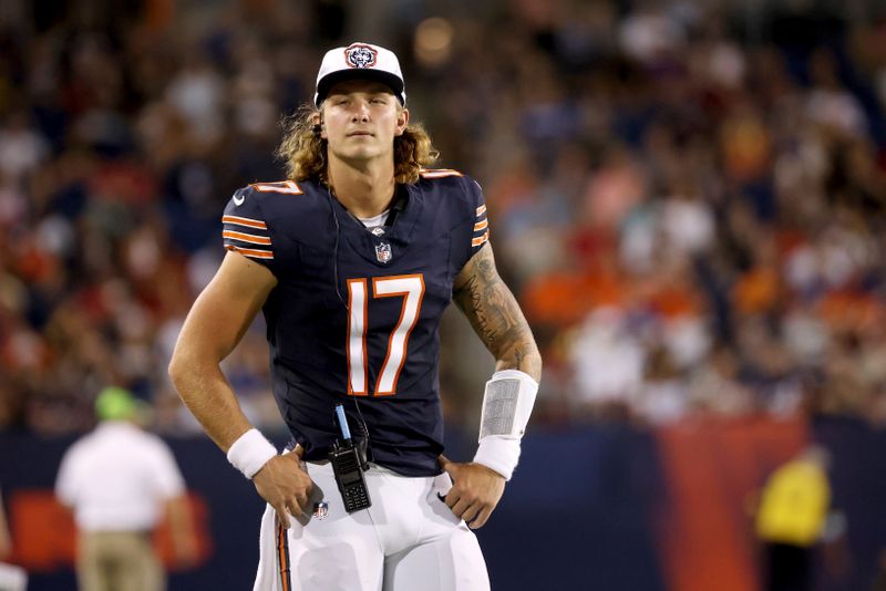Chicago Bears quarterback Tyson Bagent (17) stands on the sideline during an NFL preseason football game against the Houston Texans, Thursday Aug. 21, 2024, in Canton, Ohio. (AP Photo/Kirk Irwin)
