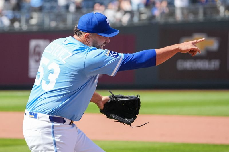 Apr 10, 2025; Kansas City, Missouri, USA; Kansas City Royals pitcher Carlos Estévez (53) celebrates after the win over the Minnesota Twins at Kauffman Stadium. Mandatory Credit: Denny Medley-Imagn Images