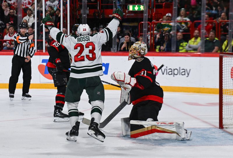 Nov 18, 2023; Stockholm, SWE; Minnesota Wild center Marco Rossi (23) scores a goal against Ottawa Senators goaltender Anton Forsberg (31) during a Global Series NHL hockey game at Avicii Arena. Mandatory Credit: Per Haljestam-USA TODAY Sports