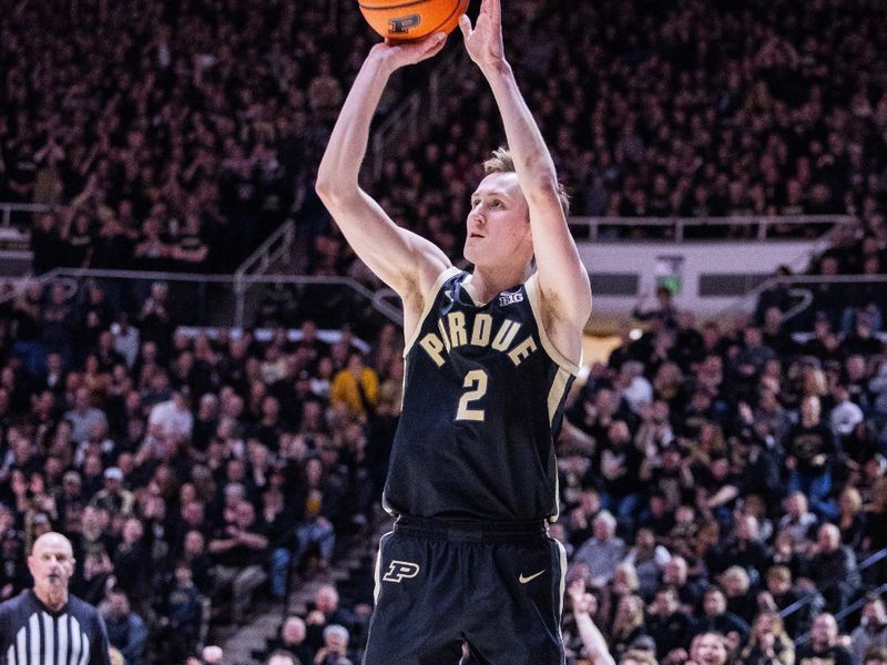 Feb 10, 2024; West Lafayette, Indiana, USA; Purdue Boilermakers guard Fletcher Loyer (2) shoots the ball  in the second half against the Indiana Hoosiers at Mackey Arena. Mandatory Credit: Trevor Ruszkowski-USA TODAY Sports