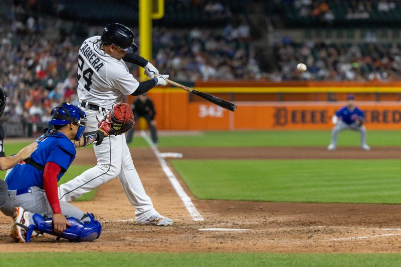 Aug 22, 2023; Detroit, Michigan, USA; Detroit Tigers designated hitter Miguel Cabrera (24) hits the ball hard to right field for an out against the Chicago Cubs at Comerica Park. Mandatory Credit: David Reginek-USA TODAY Sports