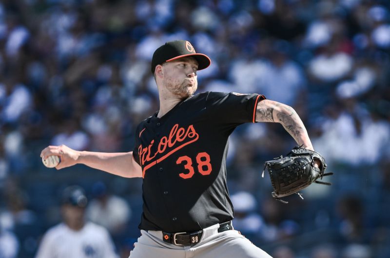 Sep 28, 2025; Bronx, New York, USA; Baltimore Orioles pitcher Kyle Bradish (38) pitches against the New York Yankees during the first inning at Yankee Stadium. Mandatory Credit: John Jones-Imagn Images