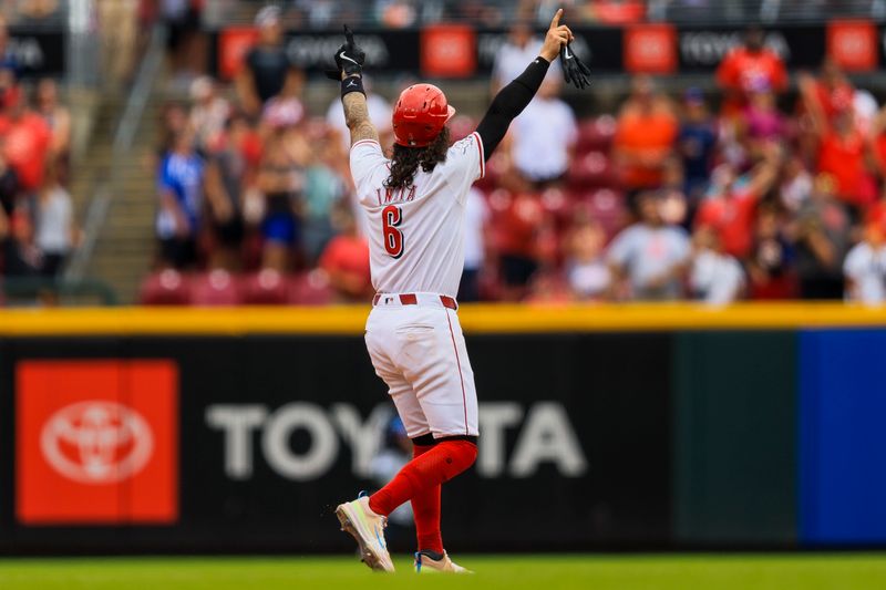 Jul 14, 2024; Cincinnati, Ohio, USA; Cincinnati Reds second baseman Jonathan India (6) reacts after a two-run home run is hit by shortstop Elly De La Cruz (not pictured) in the sixth inning against the Miami Marlins at Great American Ball Park. Mandatory Credit: Katie Stratman-USA TODAY Sports