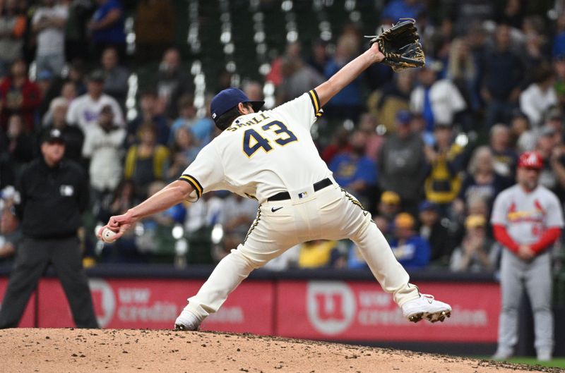 Sep 28, 2023; Milwaukee, Wisconsin, USA; Milwaukee Brewers relief pitcher Ethan Small (43) delivers a pitch against the St. Louis Cardinals in the ninth inning at American Family Field. Mandatory Credit: Michael McLoone-USA TODAY Sports