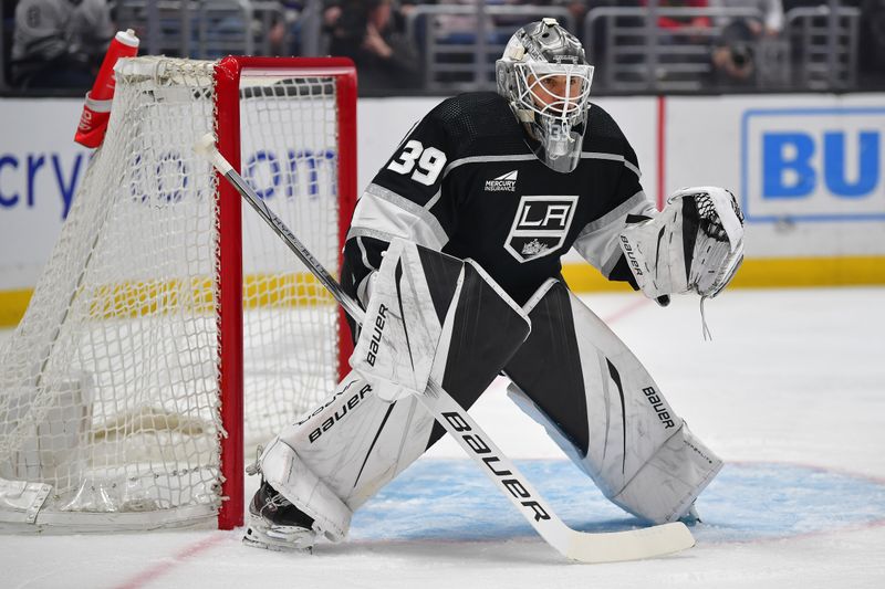 Apr 18, 2024; Los Angeles, California, USA; Los Angeles Kings goaltender Cam Talbot (39) defends the goal against the Chicago Blackhawks during the first period at Crypto.com Arena. Mandatory Credit: Gary A. Vasquez-USA TODAY Sports