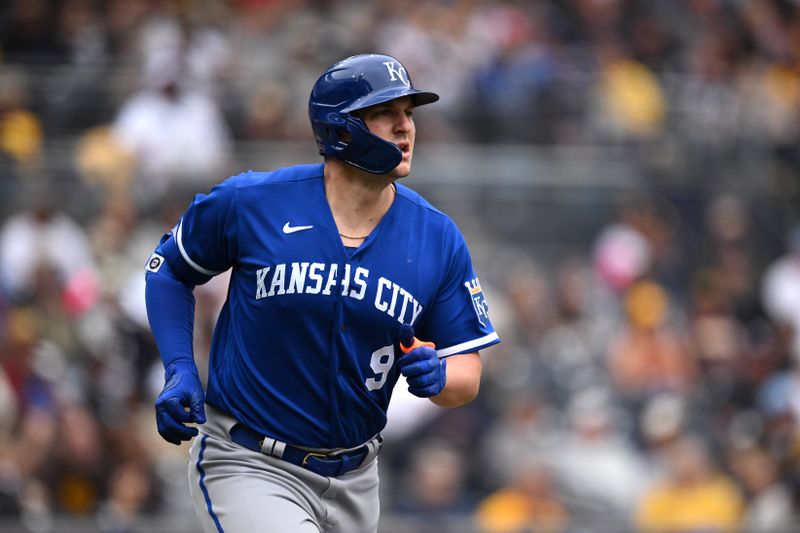 May 17, 2023; San Diego, California, USA; Kansas City Royals designated hitter Vinnie Pasquantino (9) watches his two-run home run during the sixth inning against the San Diego Padres at Petco Park. Mandatory Credit: Orlando Ramirez-USA TODAY Sports