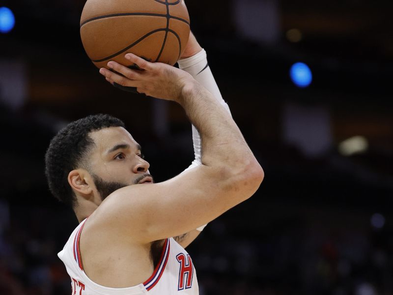 HOUSTON, TEXAS - MARCH 16: Fred VanVleet #5 of the Houston Rockets shoots a three point basket against the Cleveland Cavaliers during the second half at Toyota Center on March 16, 2024 in Houston, Texas. NOTE TO USER: User expressly acknowledges and agrees that, by downloading and or using this photograph, User is consenting to the terms and conditions of the Getty Images License Agreement. (Photo by Carmen Mandato/Getty Images)