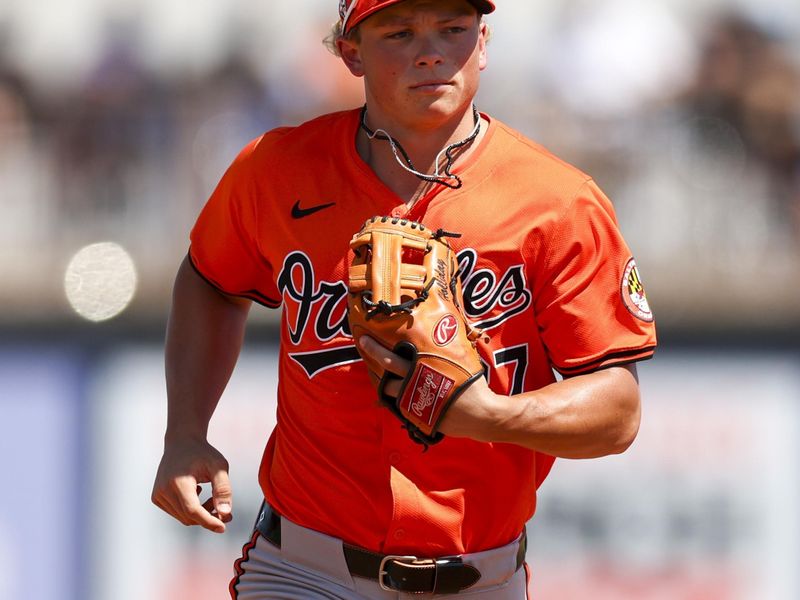 Mar 15, 2024; Port Charlotte, Florida, USA;  Baltimore Orioles shortstop Jackson Holliday (87) jogs off the field against the Tampa Bay Rays in the seventh inning at Charlotte Sports Park. Mandatory Credit: Nathan Ray Seebeck-USA TODAY Sports