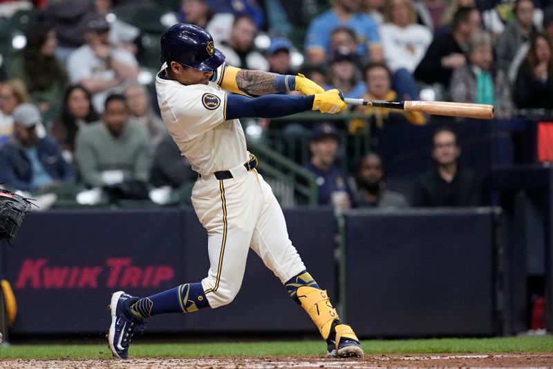 May 9, 2024; Milwaukee, Wisconsin, USA;  Milwaukee Brewers third baseman Joey Ortiz (3) hits a home run during the fourth inning against the St. Louis Cardinals at American Family Field. Mandatory Credit: Jeff Hanisch-USA TODAY Sports