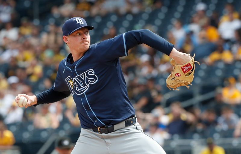 Jun 23, 2024; Pittsburgh, Pennsylvania, USA;  Tampa Bay Rays relief pitcher Pete Fairbanks (29) pitches against the Pittsburgh Pirates during the ninth inning at PNC Park. Tampa Bay won 3-1. Mandatory Credit: Charles LeClaire-USA TODAY Sports