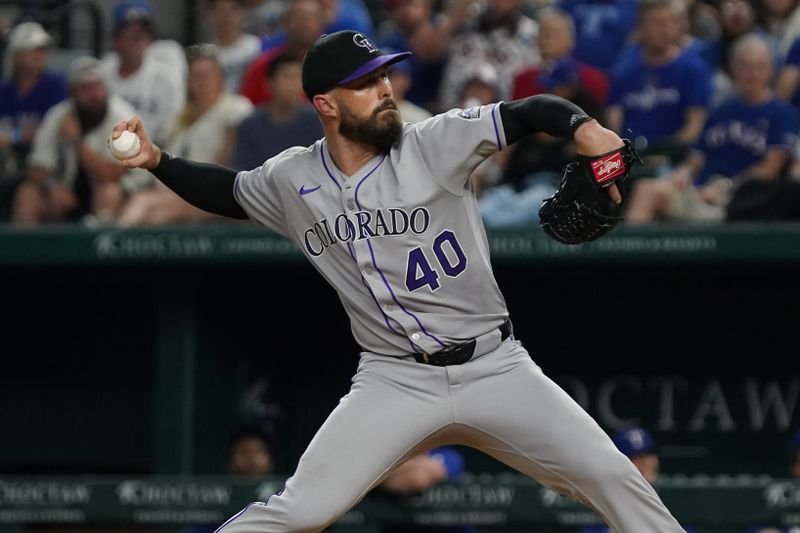 May 12, 2025; Arlington, Texas, USA; Colorado Rockies pitcher Tyler Kinley (40) throws to the plate during the eighth inning against the Texas Rangers at Globe Life Field. Mandatory Credit: Raymond Carlin III-Imagn Images