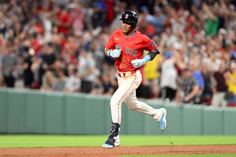 Jul 26, 2024; Boston, Massachusetts, USA; Boston Red Sox outfielder Ceddanne Rafaela (43) runs the bases after hitting a two-run home run against the New York Yankees during the seventh inning at Fenway Park. Mandatory Credit: Brian Fluharty-USA TODAY Sports