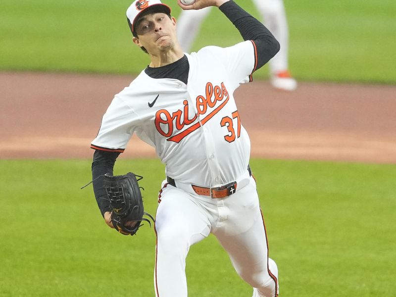 May 28, 2025; Baltimore, Maryland, USA; Baltimore Orioles pitcher Cade Povich (37) delivers a pitch against the St. Louis Cardinals during the first inning at Oriole Park at Camden Yards. Mandatory Credit: Gregory Fisher-Imagn Images