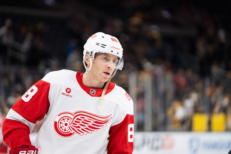 Jan 13, 2026; Boston, Massachusetts, USA; Detroit Red Wings right-winger Patrick Kane (88) skates during warm ups before a game against the Boston Bruins at TD Garden. Mandatory Credit: Natalie Reid-Imagn Images