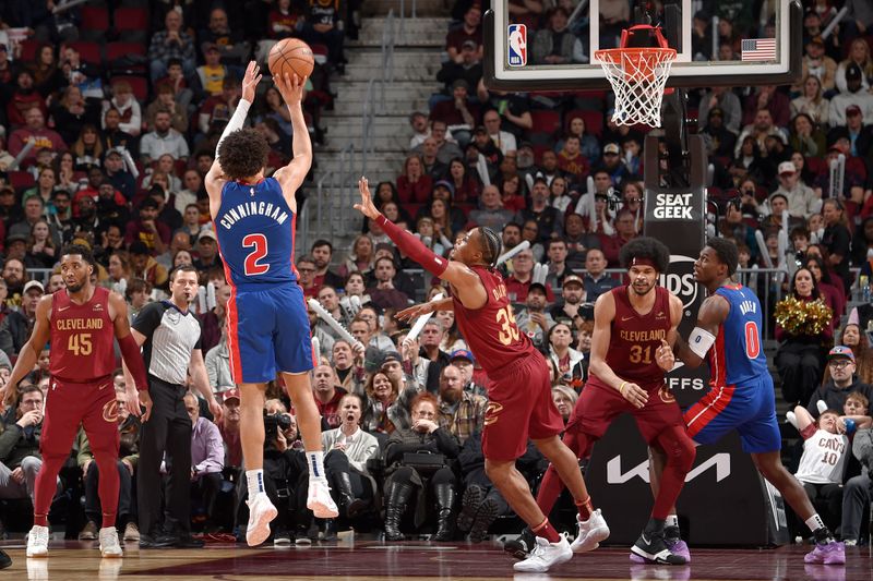 CLEVELAND, OH - JANUARY 31: Cade Cunningham #2 of the Detroit Pistons shoots the ball during the game against the Cleveland Cavaliers on January 31, 2024 at Rocket Mortgage FieldHouse in Cleveland, Ohio. NOTE TO USER: User expressly acknowledges and agrees that, by downloading and/or using this Photograph, user is consenting to the terms and conditions of the Getty Images License Agreement. Mandatory Copyright Notice: Copyright 2024 NBAE (Photo by David Liam Kyle/NBAE via Getty Images)