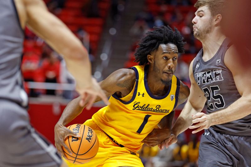 Feb 5, 2023; Salt Lake City, Utah, USA; California Golden Bears guard Joel Brown (1) drives against Utah Utes guard Rollie Worster (25) in the first half at Jon M. Huntsman Center. Mandatory Credit: Jeffrey Swinger-USA TODAY Sports