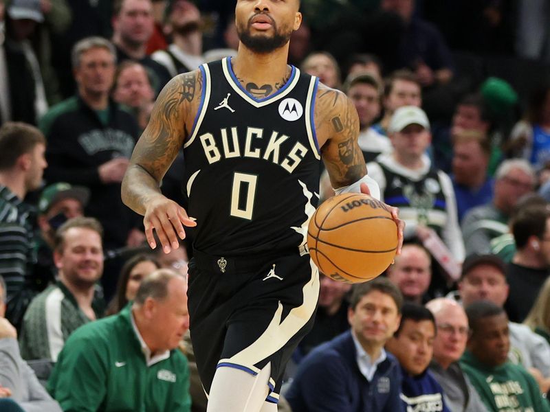 MILWAUKEE, WISCONSIN - JANUARY 11: Damian Lillard #0 of the Milwaukee Bucks handles the ball during a game against the Boston Celtics at Fiserv Forum on January 11, 2024 in Milwaukee, Wisconsin.  The Bucks defeated the Celtics 135 - 102.  NOTE TO USER: User expressly acknowledges and agrees that, by downloading and or using this photograph, User is consenting to the terms and conditions of the Getty Images License Agreement. (Photo by Stacy Revere/Getty Images)