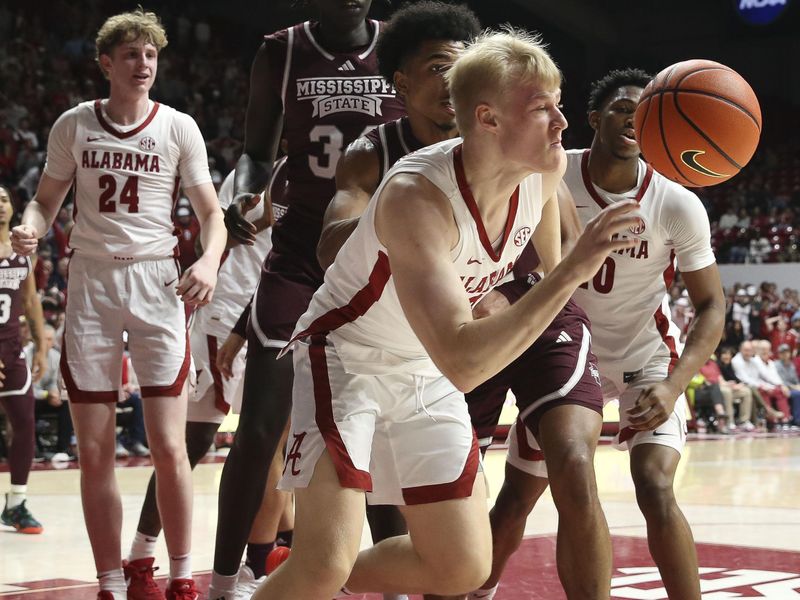 Feb 3, 2024; Tuscaloosa, Alabama, USA;  Alabama forward Max Scharnowski (31) runs down a rebound at Coleman Coliseum. Alabama defeated Mississippi State 99-67. Mandatory Credit: Gary Cosby Jr.-USA TODAY Sports