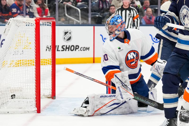 Feb 28, 2026; Columbus, Ohio, USA;  New York Islanders goaltender Ilya Sorokin (30) reacts as he allows a goal against the Columbus Blue Jackets in the second period at Nationwide Arena. Mandatory Credit: Aaron Doster-Imagn Images
